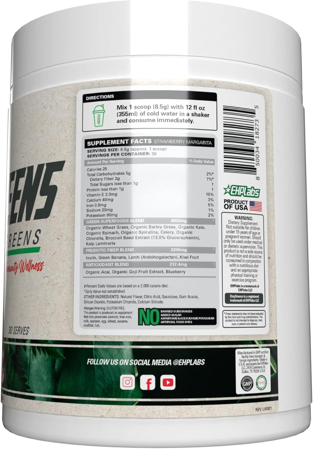 2-Pack of EHP Labs OxyGreens Super Greens Powder - 30 Serves (Strawberry. Margarita)
